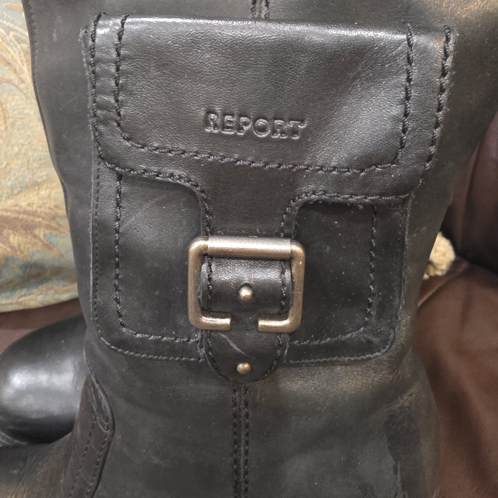 Report Black Leather Mid-Calf Heeled Riding Boots with Buckle Pocket - Picture 8 of 8